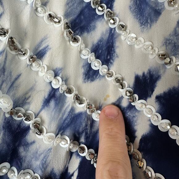 Taj by Sabrina Crippa Blue and White Beaded Kaftan Silk Blouse Size S Cover Up - Picture 7 of 16